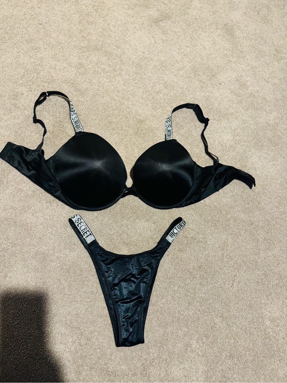 Victoria's Secret Black Satin Push-Up Bra & Thong Set with Branded Straps
